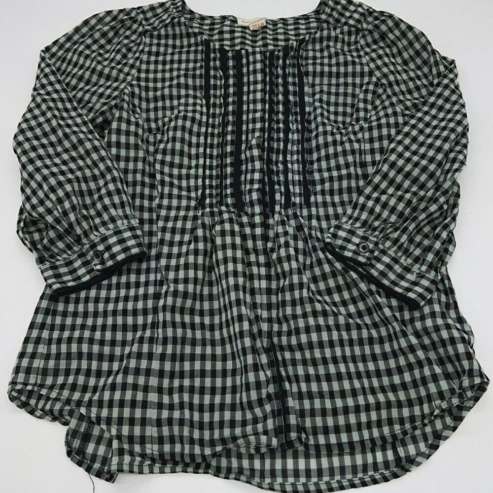 Meadow Rue Sz 6 Button Down Shirt Black Blue Green Plaid Check 3/4 Sleeve